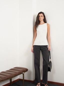 FABLE STREET - Off White Cotton Sleeveless Solid/Plain Top