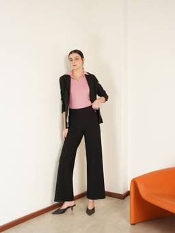 FABLE STREET - Black Polyester Solid Trouser