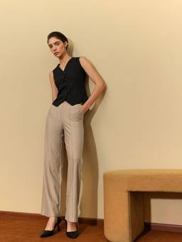 FABLE STREET - Beige Polyester Stripes Trouser