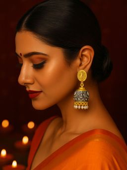 Digital Dress Room - Afghani Jhumka White Lord Ganesha Design With Pearl Earring