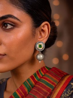 Digital Dress Room - Drop Afghani Green Jhumka Ball/Green Stone Designs With Pearl Earring