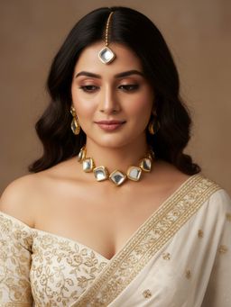 LUCKY JEWELLERY - 18k Gold Plating Kundan Choker White Necklace with Pair of Earrings and Mang Tikka