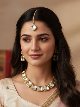 LUCKY JEWELLERY - 18k Gold Plating White Necklace with Pair of Earrings and Mang Tikka