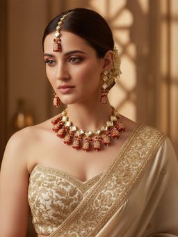 LUCKY JEWELLERY - 18k Gold Plating Maroon Kundan Necklace with Pair of Earrings and Mang Tikka