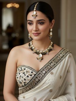 LUCKY JEWELLERY - 18k Gold Plating Black Kundan Choker Necklace with Pair of Earrings and Mang Tikka