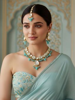 LUCKY JEWELLERY - 18k Gold Plating Turquoise Kundan Necklace with Pair of Earrings and Mang Tikka