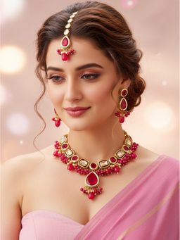 LUCKY JEWELLERY - 18k Gold Plating Magenta Kundan Necklace with Pair of Earrings and Mang Tikka