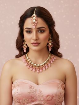 LUCKY JEWELLERY - 18k Gold Plating Pink Kundan Choker Necklace with Pair of Earrings and Mang Tikka
