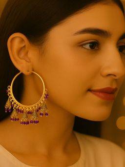 I Jewels - Purple And Gold Plated Hoop Earrings With Jhumka Dangles