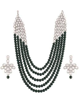 I Jewels - Silver-Toned and Green Rhodium-Plated Kundan Studded Jewellery Set