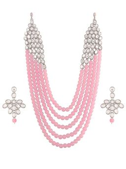I Jewels - Silver-Toned and Pink Rhodium-Plated Kundan Studded Jewellery Set