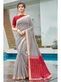 Sangam Prints - Grey Cotton Woven Work Traditional Saree with Unstitched Blouse