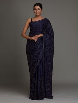Koskii - Navy Blue Swarovski Shimmer Saree with Unstitched Blouse