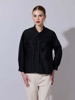 SHOWOFFFF - Women Floral Embroidered Black Button-Down Shirt