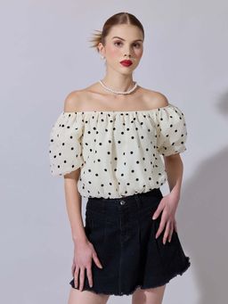SHOWOFF - Women Cream Polka Dot Off-Shoulder Top with Neck Piece