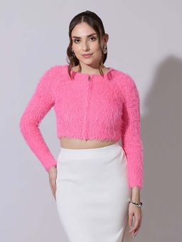 SHOWOFF - Women Fuzzy Pink Crop Top with Zip Front