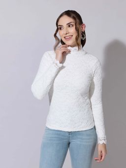 SHOWOFF - Women Floral Textured White Lace High-Neck Top