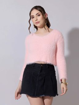 SHOWOFF - Women Ribbed Fuzzy Knitted Pink Top