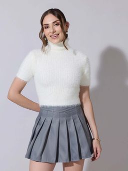 SHOWOFF - Women Ribbed Off White Fuzzy High Neck Crop Top