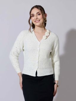 SHOWOFF - Edition Womens Ribbed Off White V-Neck Knitted Top