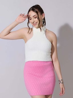 SHOWOFF - Women Knitted White Fuzzy Halter Neck Crop Top