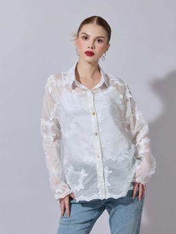 SHOWOFF - Women White Shirt with Floral Applique Detail