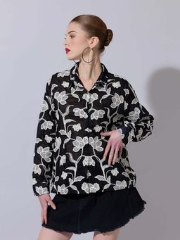 SHOWOFF - Women Floral Embroidered Black Shirt
