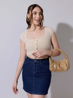 SHOWOFF - Women Knitted Beige Fuzzy Buttoned Crop Top