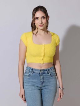 SHOWOFF - Women Knitted Yellow Fuzzy Buttoned Crop Top