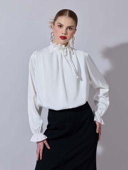 SHOWOFF - Women White Satin Ruffled High Neck Balloon Top