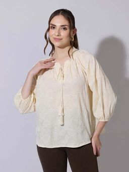 SHOWOFF - Women Textured Cream Top with Tie-Up Neck