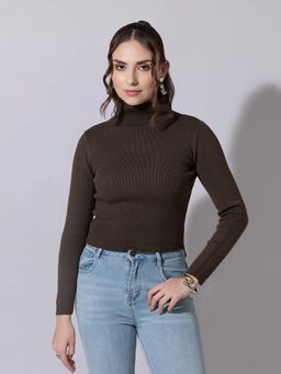 SHOWOFF - Women Ribbed Brown High Neck Top