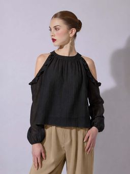 SHOWOFF - Edition Womens Black Cold-Shoulder Ruffle Top