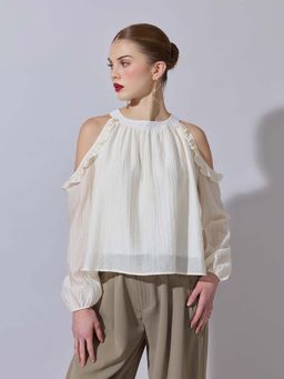 SHOWOFF - Women Off-White Cold-Shoulder Ruffle Top