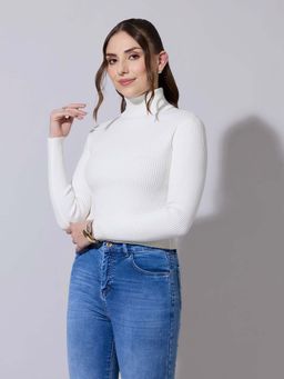 SHOWOFF - Women Ribbed White High-Neck Full Sleeve Top