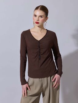 SHOWOFF - Women Embellished Brown Fitted V-Neck Full Sleeves Ruched Top