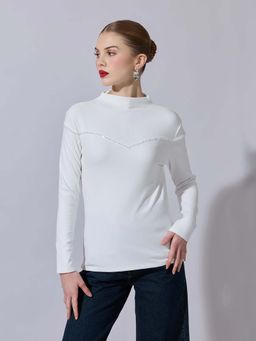 SHOWOFF - Women Embellished White High-Neck Top