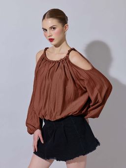 SHOWOFF - Edition Womens Brown Cold-Shoulder Gathered Top with Balloon Sleeves