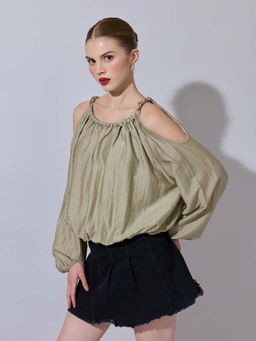 SHOWOFF - Women Olive Cold-Shoulder Gathered Top