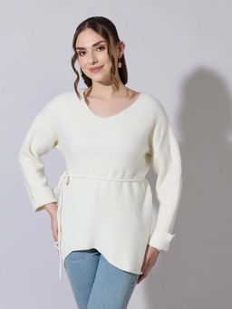 SHOWOFF - Women Knitted Off White V-Neck Top with Tie-Up Belt