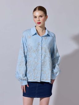 SHOWOFF - Women Floral Embroidered Blue Long Sleeve Shirt