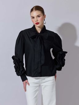 SHOWOFF - Women Black Puff-Sleeve Top with Bow-Tie Detail