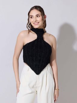 SHOWOFF - Women Black Fuzzy Halter Neck Crop Top