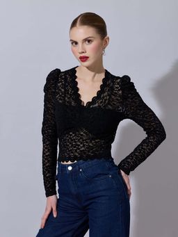 SHOWOFF - Women Lace-Pattern Black Scalloped V-Neck Top