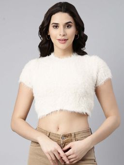 SHOWOFFFF - Women Off White Faux Fur Trim Acrylic Crop Top
