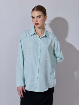 SHOWOFFFF - Women Striped Green Button-Down Shirt