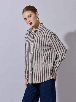 SHOWOFF - Women Striped Brown Button-Down Shirt