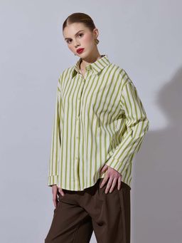 SHOWOFFFF - Women Striped Green Button-Down Shirt