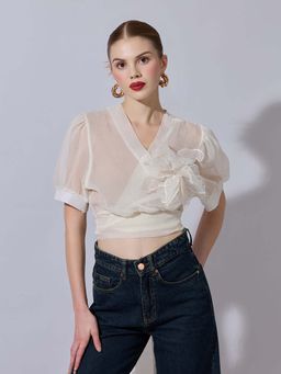 SHOWOFF - Women Cream Sheer Wrap Crop Top with Floral Applique