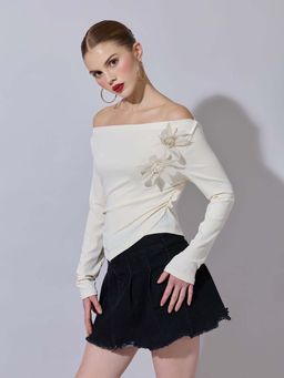 SHOWOFF - Women Off-White Ruched Top with Flower Applique Detail